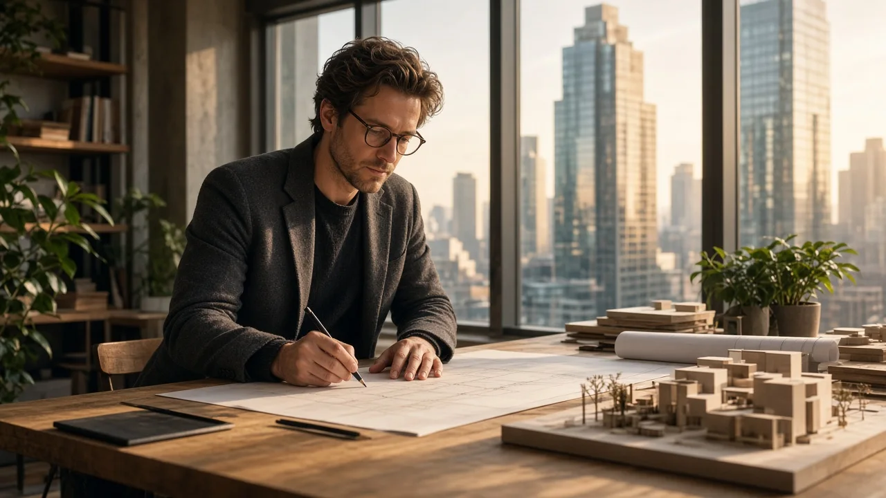 AI-generated image: a designer sketching at a drafting desk with a city skyline behind