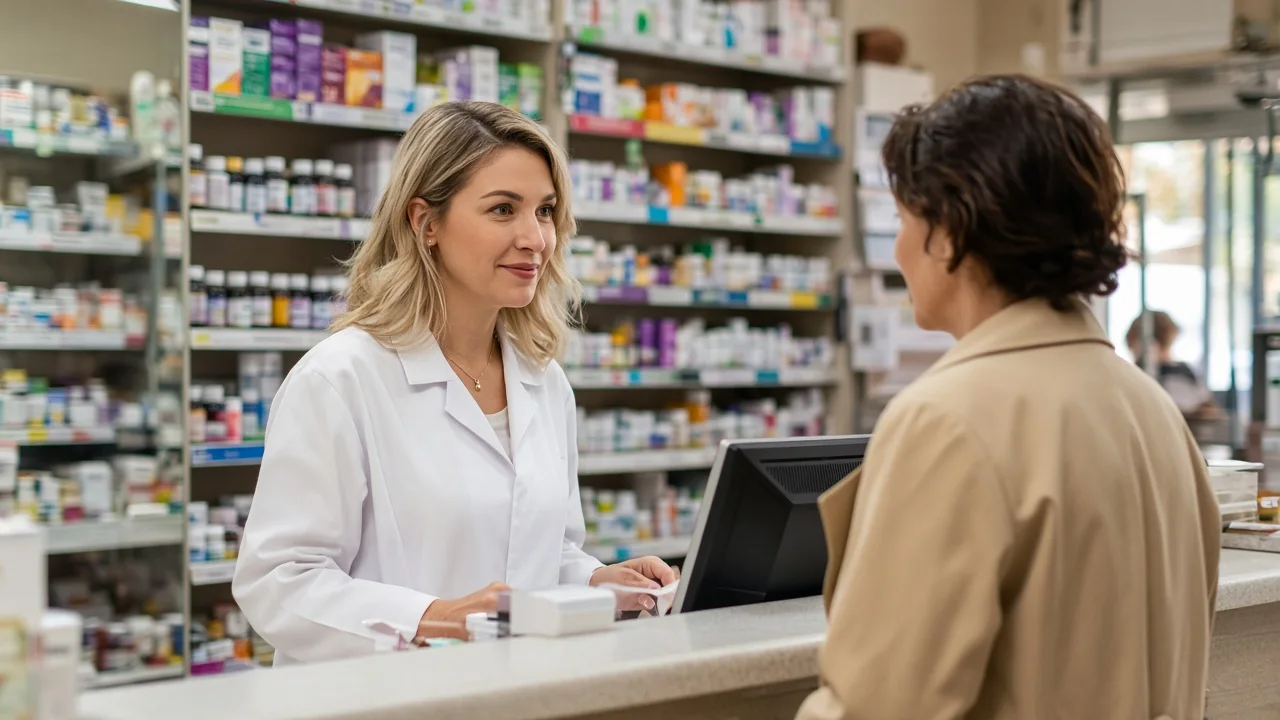 AI-generated image: a pharmacist at the counter of a modern pharmacy