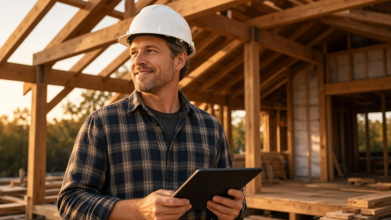 AI-generated image: a builder in a hard hat with a tablet on a timber-frame site